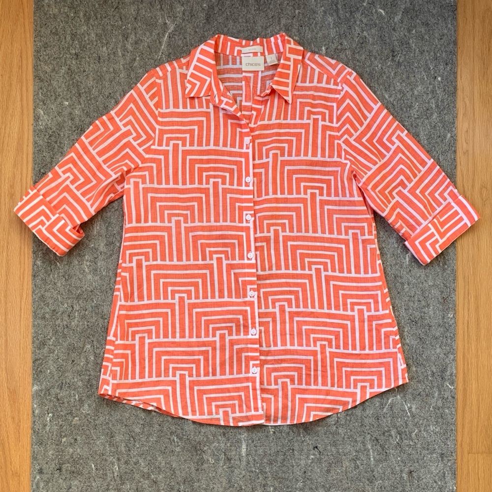 Chicos linen coral orange and white geometric design 3/4 sleeve tunic - Picture 10 of 16